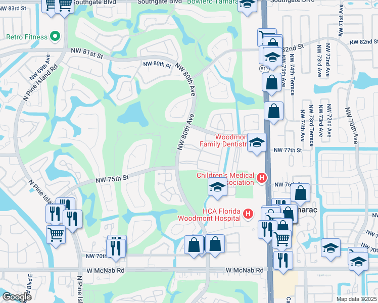 map of restaurants, bars, coffee shops, grocery stores, and more near 7625 Northwest 79th Avenue in Tamarac