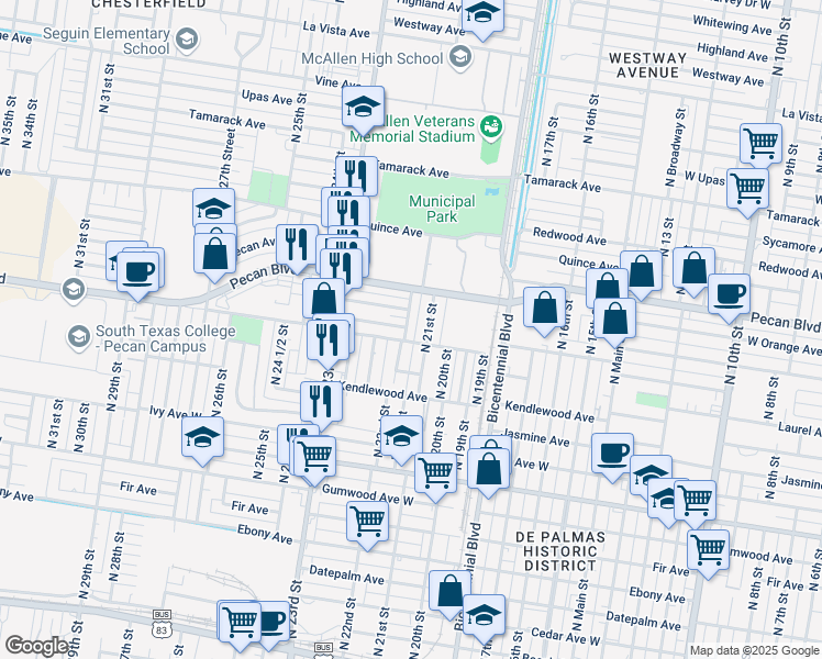 map of restaurants, bars, coffee shops, grocery stores, and more near 1225 North 22nd Street in McAllen