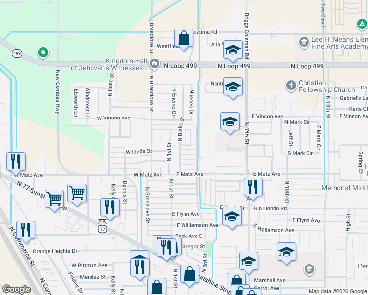 map of restaurants, bars, coffee shops, grocery stores, and more near 201 Linda Avenue in Harlingen