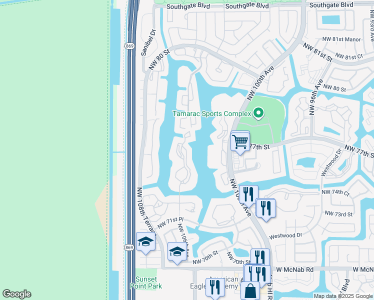 map of restaurants, bars, coffee shops, grocery stores, and more near 7572 Fairfax Drive in Tamarac