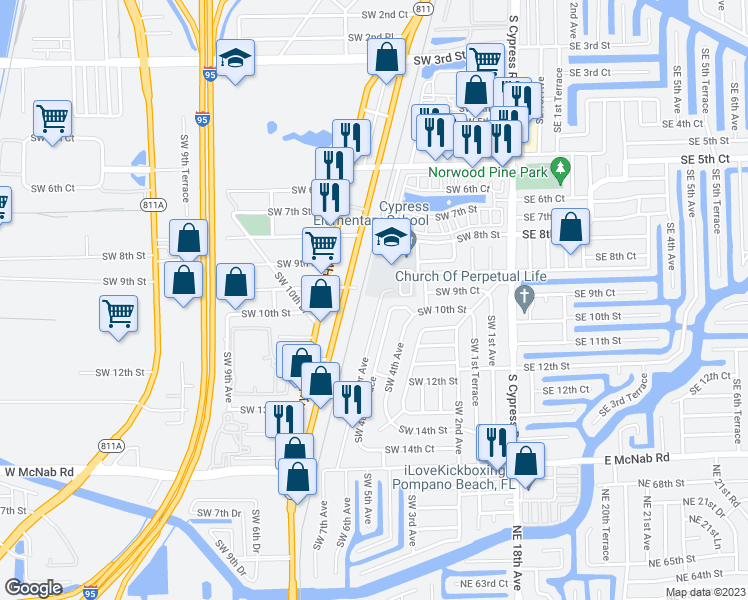 map of restaurants, bars, coffee shops, grocery stores, and more near 1016 Southwest 4th Terrace in Pompano Beach