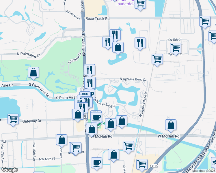 map of restaurants, bars, coffee shops, grocery stores, and more near 2232 North Cypress Bend Drive in Pompano Beach