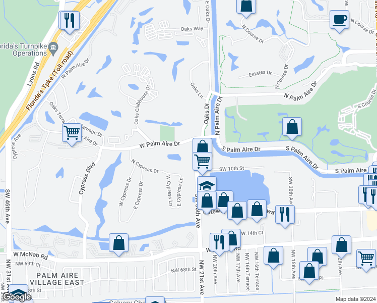 map of restaurants, bars, coffee shops, grocery stores, and more near 2364 West Palm Aire Drive in Pompano Beach
