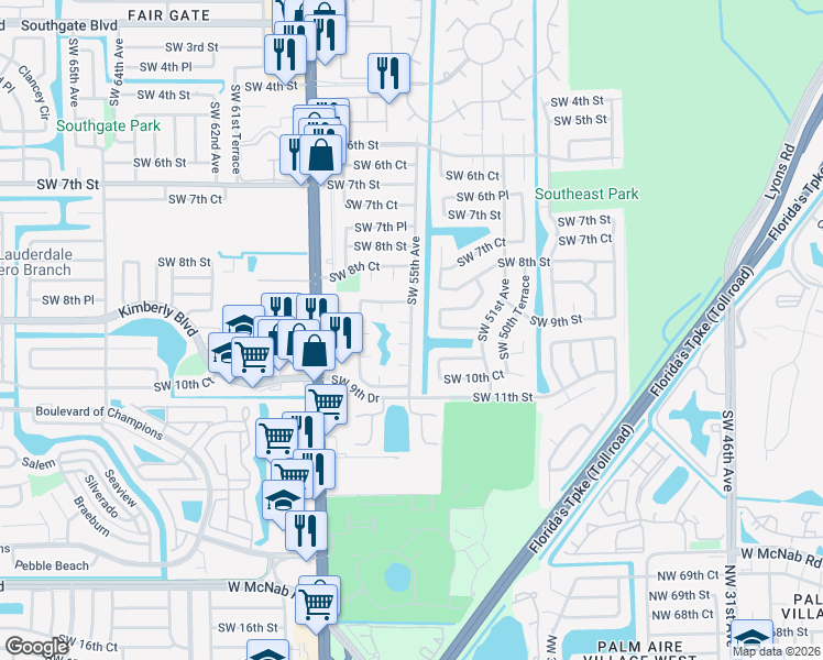 map of restaurants, bars, coffee shops, grocery stores, and more near 970 Southwest 55th Avenue in Margate