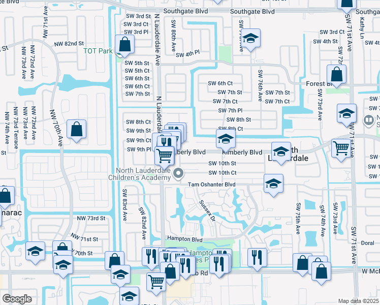 map of restaurants, bars, coffee shops, grocery stores, and more near 7864 Kimberly Boulevard in North Lauderdale