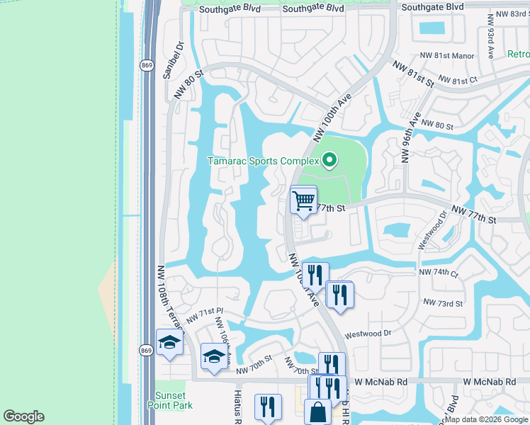 map of restaurants, bars, coffee shops, grocery stores, and more near 7647 Southampton Terrace in Tamarac