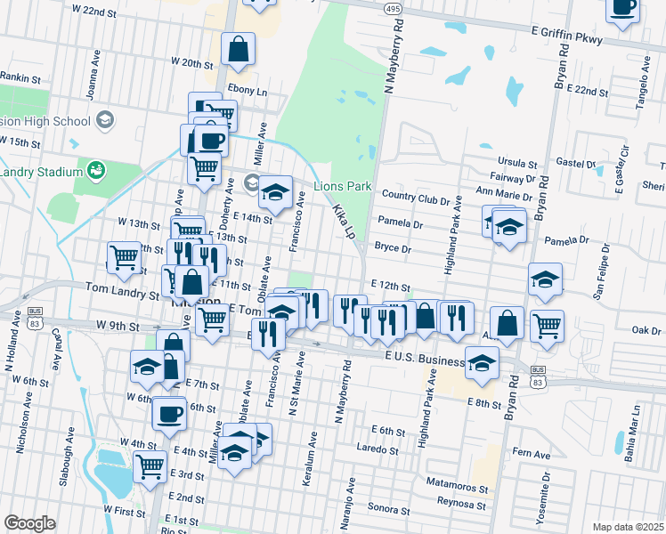 map of restaurants, bars, coffee shops, grocery stores, and more near 1121 North Keralum Avenue in Mission