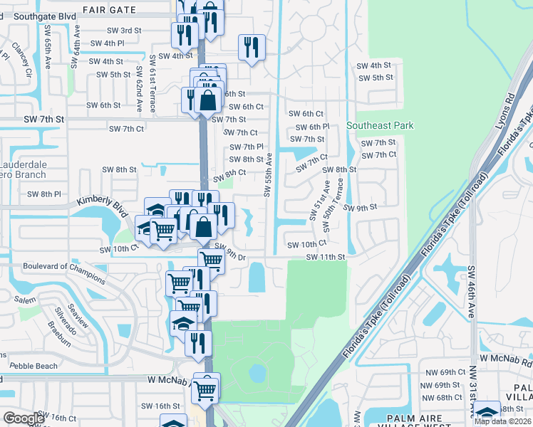 map of restaurants, bars, coffee shops, grocery stores, and more near 970 Southwest 55th Avenue in Margate