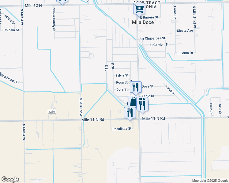 map of restaurants, bars, coffee shops, grocery stores, and more near 3105 Dora Street in Mercedes