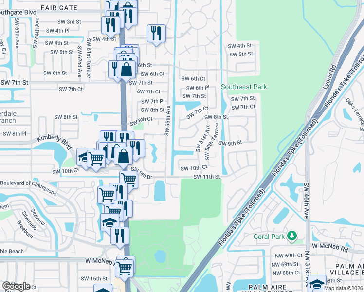 map of restaurants, bars, coffee shops, grocery stores, and more near 5325 Southwest 9th Street in Margate