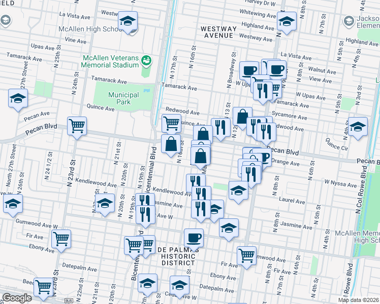 map of restaurants, bars, coffee shops, grocery stores, and more near 1401 North 15th Street in McAllen