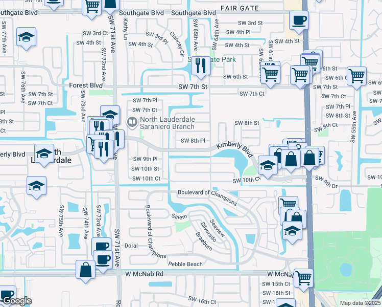 map of restaurants, bars, coffee shops, grocery stores, and more near 6520 Kimberly Boulevard in North Lauderdale
