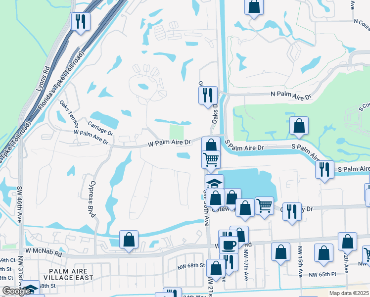 map of restaurants, bars, coffee shops, grocery stores, and more near 2364 West Palm Aire Drive in Pompano Beach
