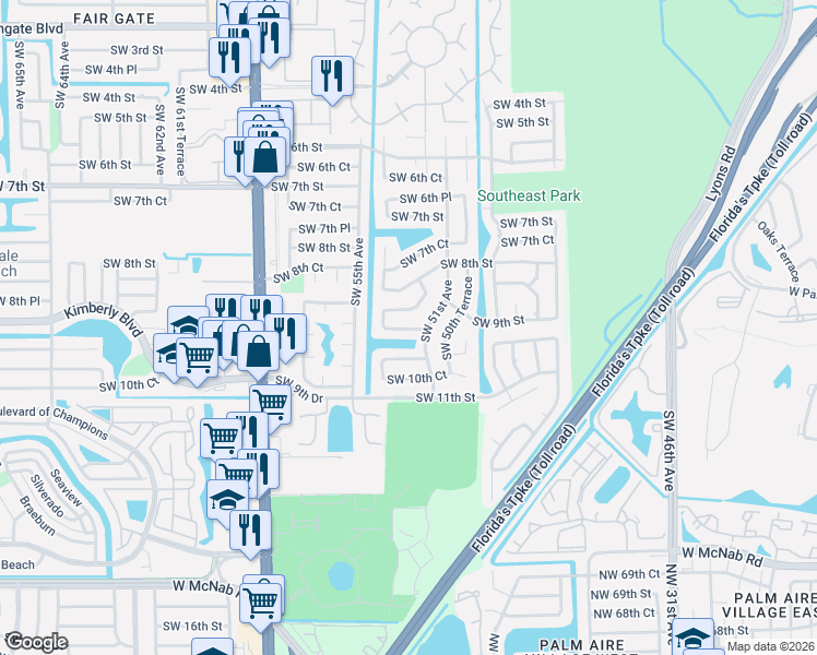 map of restaurants, bars, coffee shops, grocery stores, and more near 5325 Southwest 9th Street in Margate