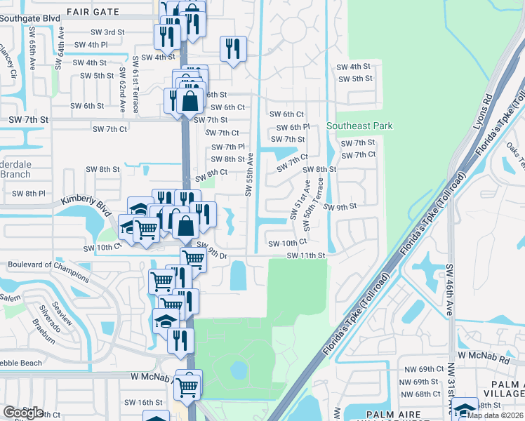 map of restaurants, bars, coffee shops, grocery stores, and more near 5325 Southwest 9th Street in Margate