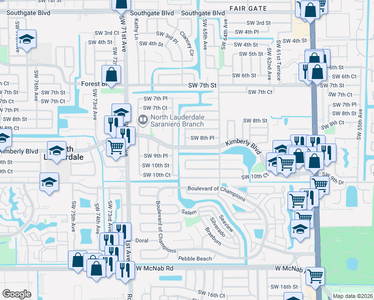 map of restaurants, bars, coffee shops, grocery stores, and more near 6581 Southwest 9th Place in North Lauderdale