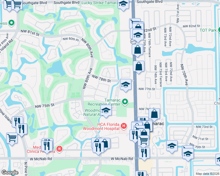 map of restaurants, bars, coffee shops, grocery stores, and more near 7780 Northwest 78th Avenue in Tamarac