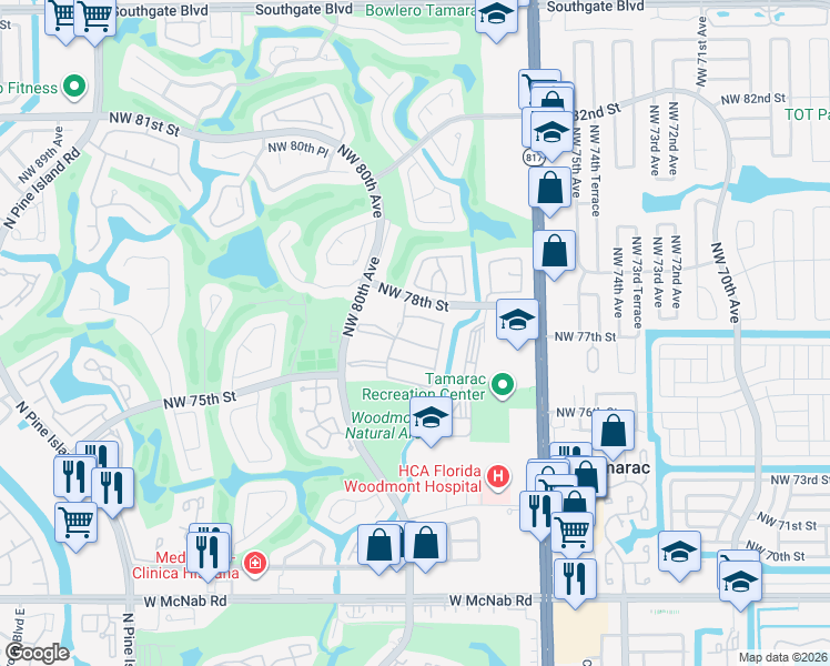 map of restaurants, bars, coffee shops, grocery stores, and more near 7660 Northwest 79th Avenue in Tamarac