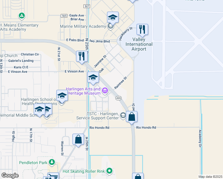 map of restaurants, bars, coffee shops, grocery stores, and more near Raintree Street in Harlingen