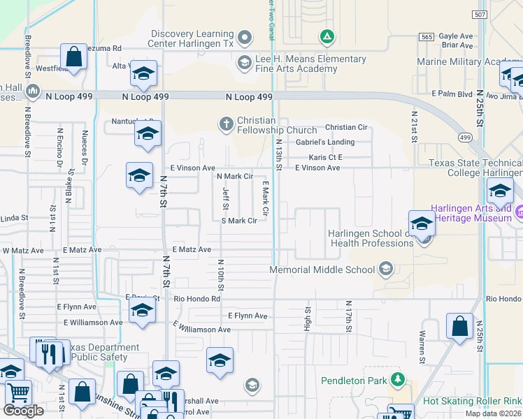 map of restaurants, bars, coffee shops, grocery stores, and more near 2500-2506 East Mark Circle in Harlingen