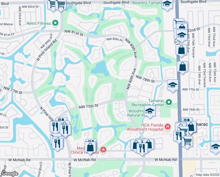 map of restaurants, bars, coffee shops, grocery stores, and more near 7554 Black Olive Avenue in Tamarac