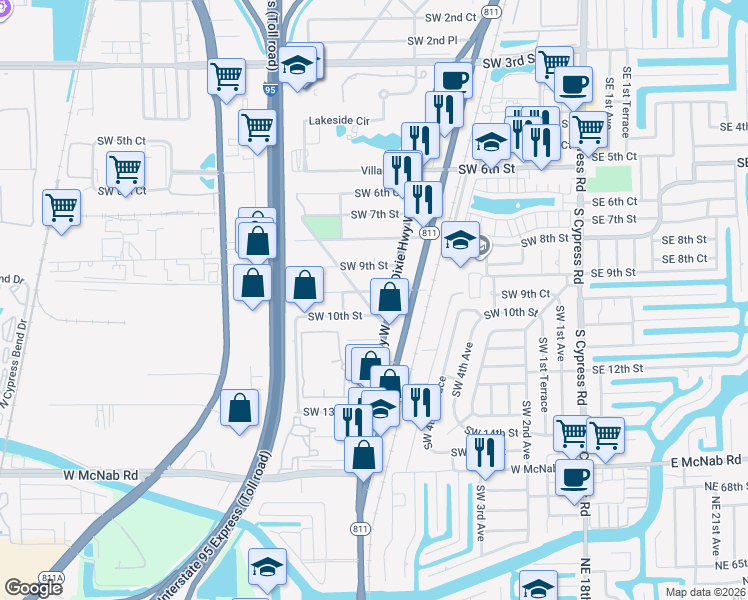 map of restaurants, bars, coffee shops, grocery stores, and more near 980w South Dixie Highway in Pompano Beach