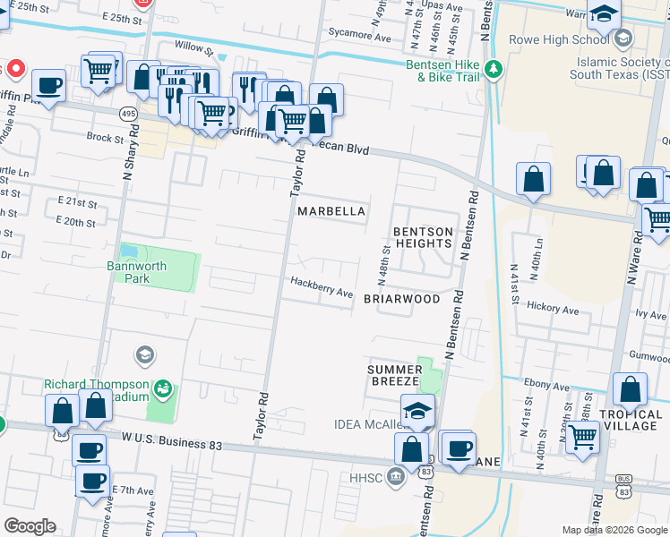 map of restaurants, bars, coffee shops, grocery stores, and more near 913 North 50th Street in McAllen