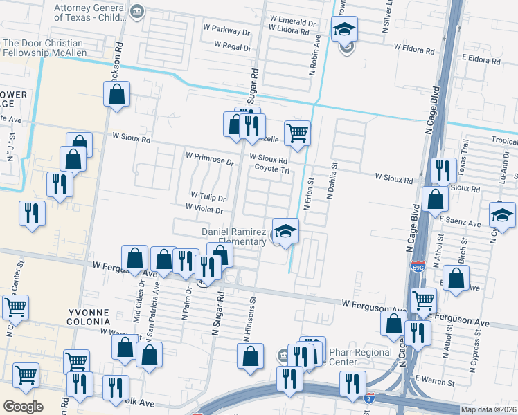 map of restaurants, bars, coffee shops, grocery stores, and more near 819 Goodnight Trail in Pharr