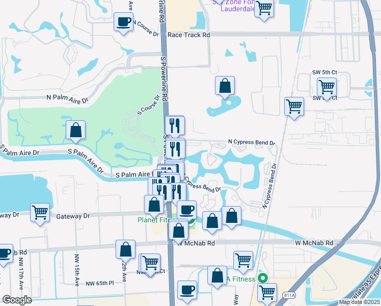 map of restaurants, bars, coffee shops, grocery stores, and more near 2334 South Cypress Bend Drive in Pompano Beach