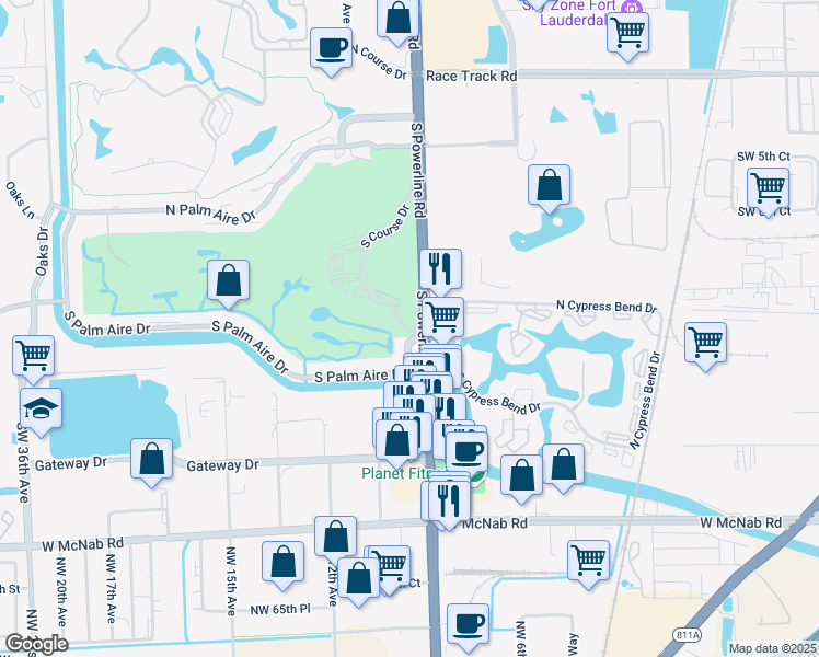 map of restaurants, bars, coffee shops, grocery stores, and more near 2501 South Palm Aire Drive in Pompano Beach