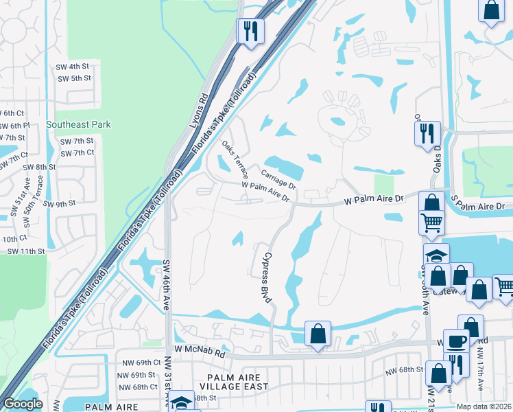 map of restaurants, bars, coffee shops, grocery stores, and more near 4110 West Palm Aire Drive in Pompano Beach