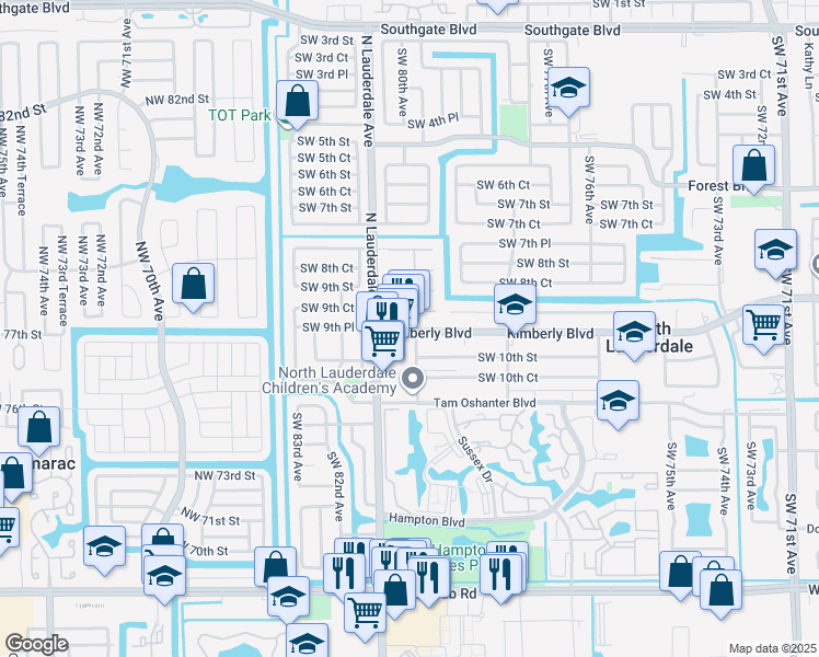 map of restaurants, bars, coffee shops, grocery stores, and more near 7944 Kimberly Boulevard in North Lauderdale
