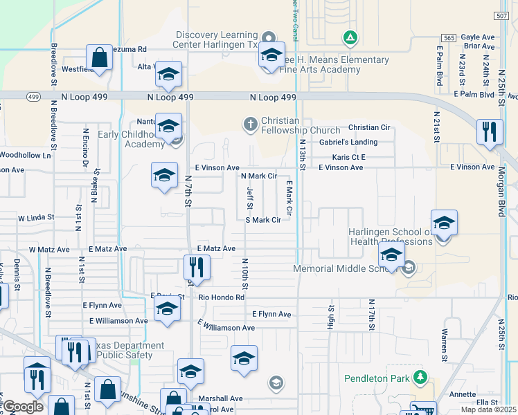 map of restaurants, bars, coffee shops, grocery stores, and more near 2502 Lou Ann Lane in Harlingen