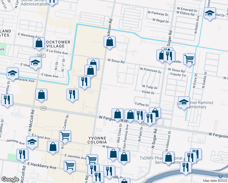 map of restaurants, bars, coffee shops, grocery stores, and more near 2200 North Jackson Road in Pharr