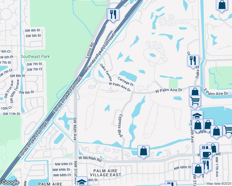 map of restaurants, bars, coffee shops, grocery stores, and more near 4110 West Palm Aire Drive in Pompano Beach