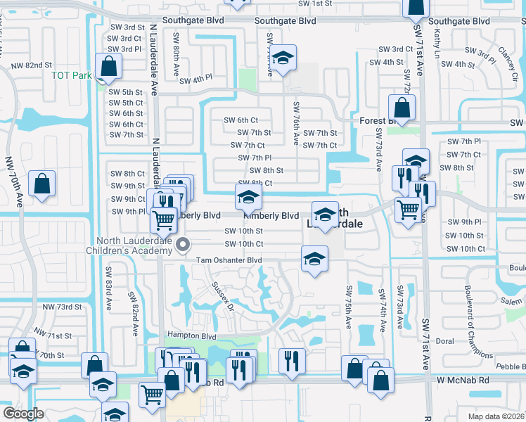 map of restaurants, bars, coffee shops, grocery stores, and more near 7715 Kimberly Boulevard in North Lauderdale