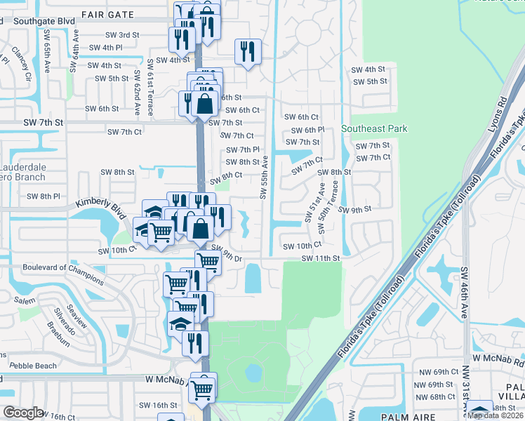 map of restaurants, bars, coffee shops, grocery stores, and more near 970 Southwest 55th Avenue in Margate