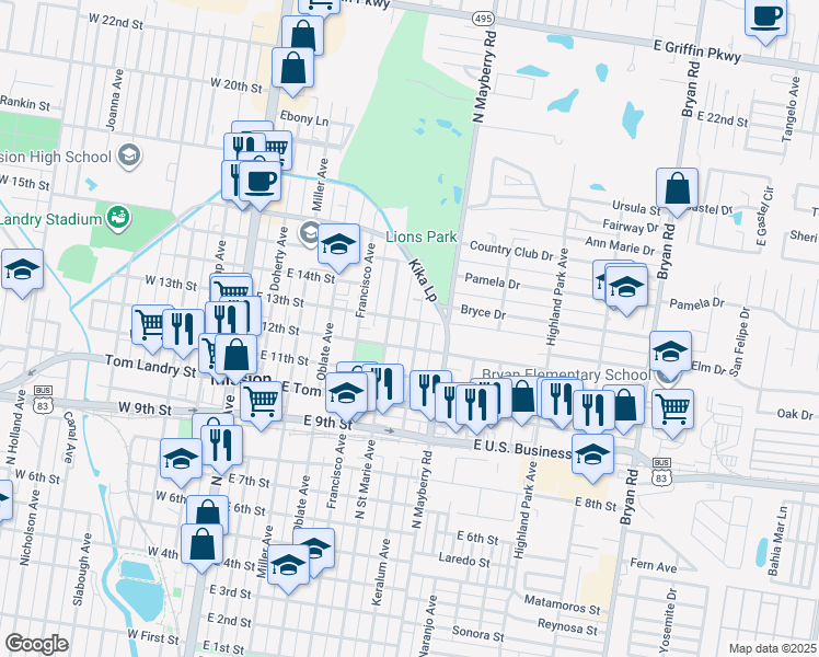 map of restaurants, bars, coffee shops, grocery stores, and more near 1121 North Keralum Avenue in Mission