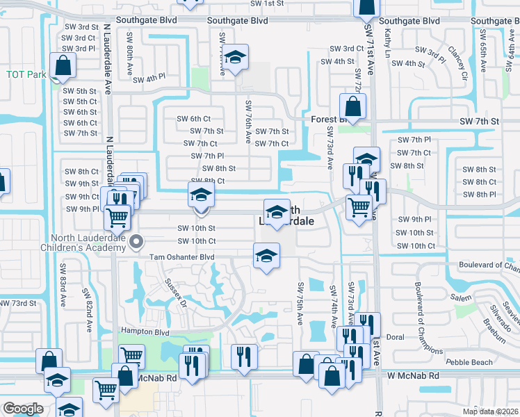 map of restaurants, bars, coffee shops, grocery stores, and more near 7527 Kimberly Boulevard in North Lauderdale