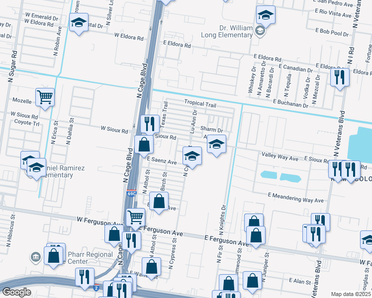 map of restaurants, bars, coffee shops, grocery stores, and more near 215 East Saenz Avenue in Pharr