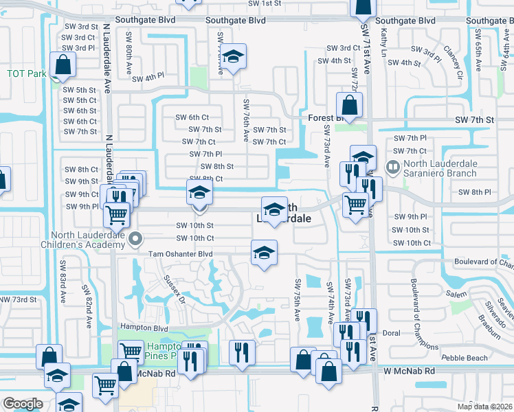 map of restaurants, bars, coffee shops, grocery stores, and more near 7527 Kimberly Boulevard in North Lauderdale