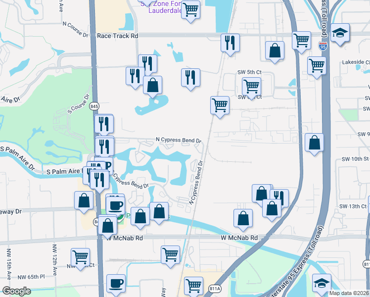 map of restaurants, bars, coffee shops, grocery stores, and more near 2104 South Cypress Bend Drive in Pompano Beach
