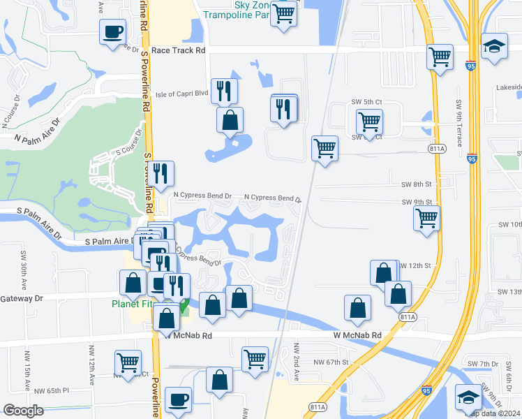 map of restaurants, bars, coffee shops, grocery stores, and more near 2215 Cypress Island Drive in Pompano Beach