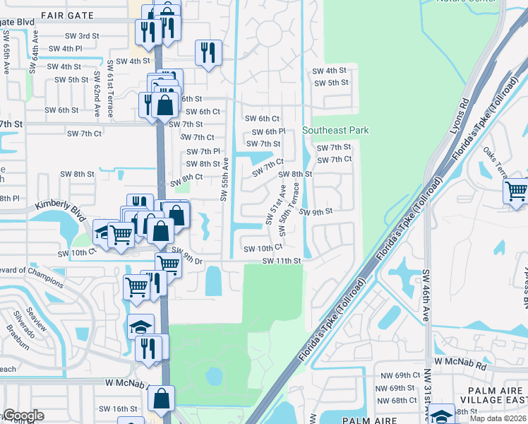 map of restaurants, bars, coffee shops, grocery stores, and more near 935 Southwest 51st Avenue in Margate