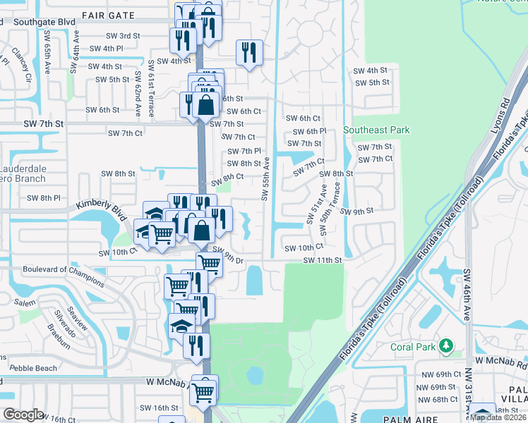 map of restaurants, bars, coffee shops, grocery stores, and more near 970 Southwest 55th Avenue in Margate