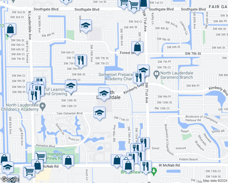 map of restaurants, bars, coffee shops, grocery stores, and more near 7430 Kimberly Boulevard in North Lauderdale
