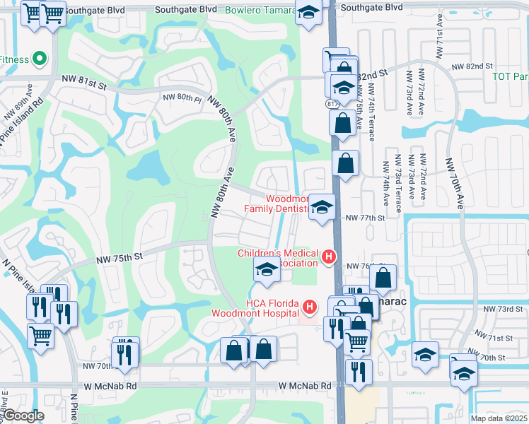 map of restaurants, bars, coffee shops, grocery stores, and more near 7660 Northwest 79th Avenue in Tamarac