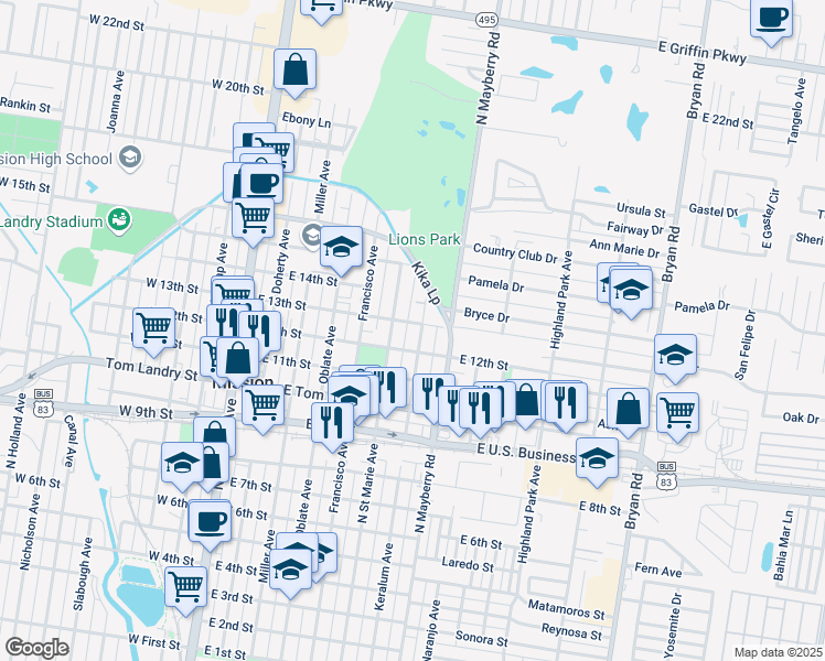 map of restaurants, bars, coffee shops, grocery stores, and more near 1121 North Keralum Avenue in Mission