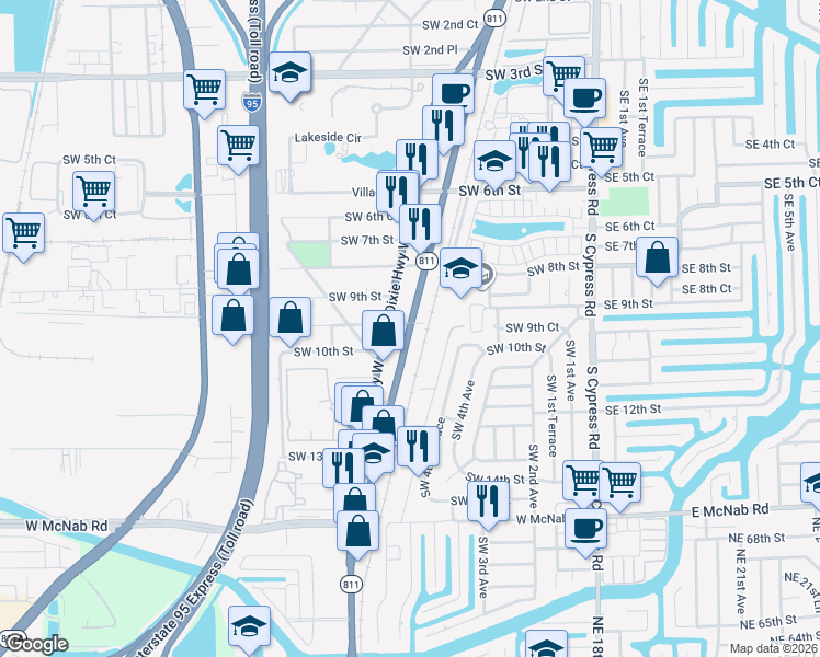 map of restaurants, bars, coffee shops, grocery stores, and more near 933 South Dixie Highway in Pompano Beach