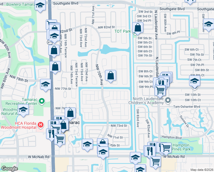 map of restaurants, bars, coffee shops, grocery stores, and more near 7806 Northwest 69th Terrace in Tamarac